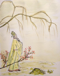 Jour 4 : ...levant ma coupe, je convie la lune claire</BR>
avec mon ombre nous voilà trois</BR>
la lune, hélas, ne sait pas boire,</BR>
et mon ombre ne fait que me suivre... (Li Po)
