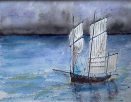 Jour 30 : Horizon salé,</BR>
l’occident rougeoie ~</BR>
un goéland s’embrase au-dessus des voiles (Coralie Brunot)