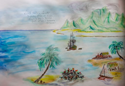 Nouvelles Hébrides ou Vanuatu</br>
Magnolias et bois de bambous</br>
Venant du fond de Port Vila</br>
Monte cet air d'harmonica.</br> (M. Tonnerre).